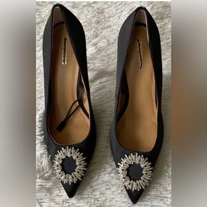 Express black satin medallion pointed toe formal heels pumps shoes